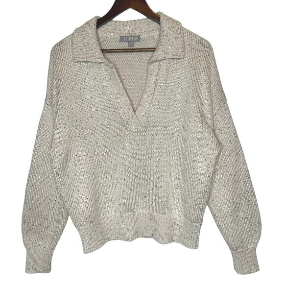 J. Crew Sequin Sweater Polo Natural / Cream size Large - Picture 1 of 5